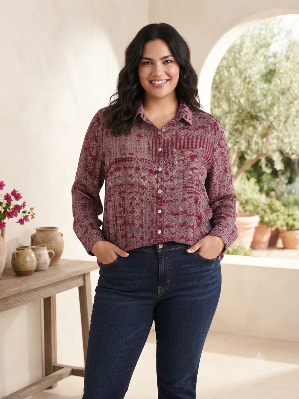 Take 50% OFF-Intro Long-Sleeve Button Down Blouse-Burgundy Floral Print, Size-1X